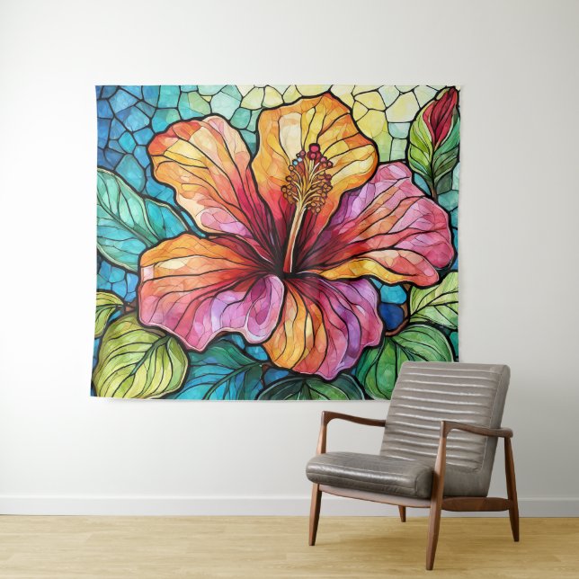 Stained glass style hibiscus tapestry (In Situ (Horizontal))
