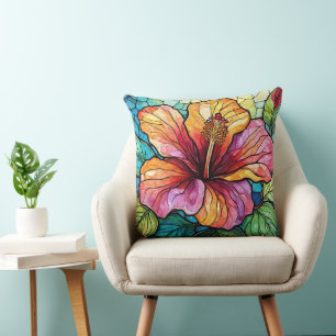 Stained glass style hibiscus throw pillow