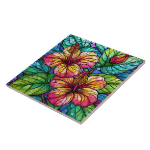 Stained glass style hibiscus tile