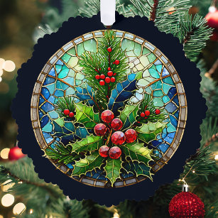 Stained Glass Style Holly & Pine Ornament Card