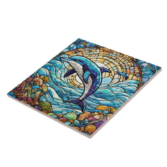 Stained glass style jumping dolphin art tile (Side)