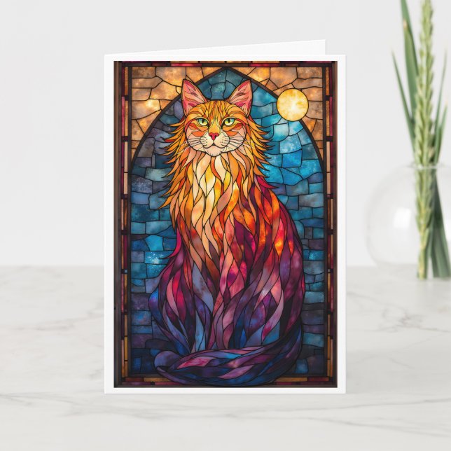 Stained Glass Style Large Fluffy Cat Card (Front)