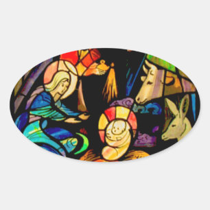 Stained Glass Style Nativity Oval Sticker