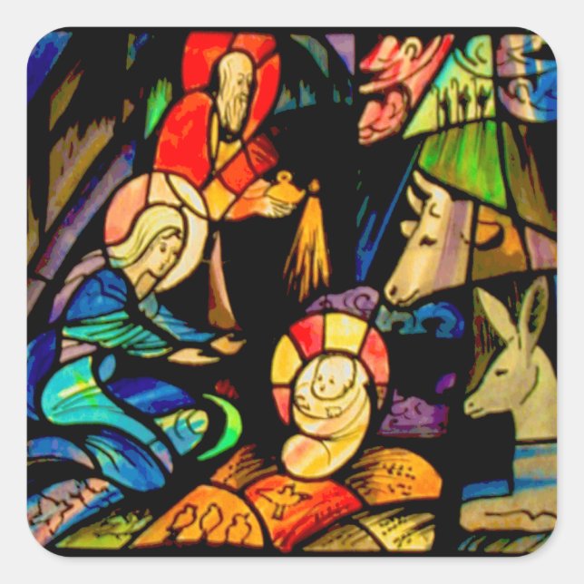 Stained Glass Style Nativity Square Sticker (Front)