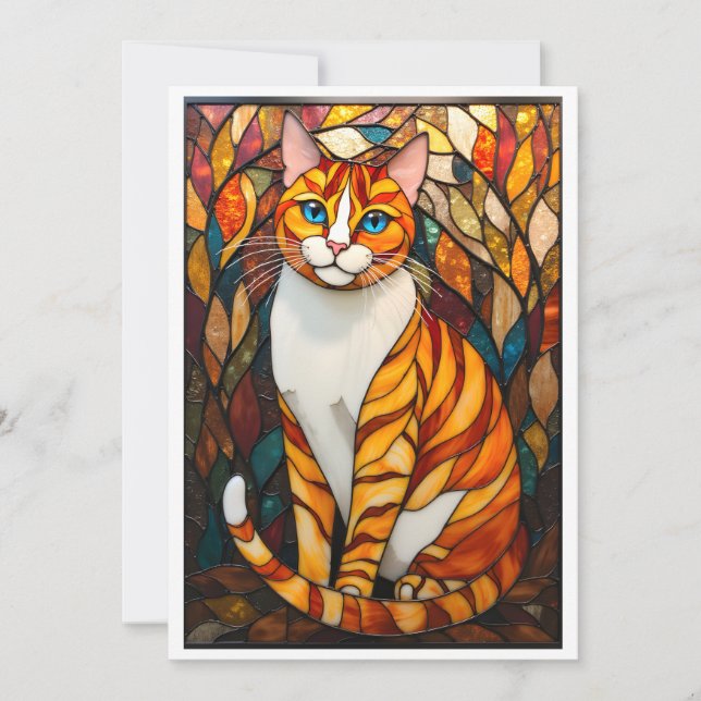 Stained Glass Style Orange Cat Blue Eyes Flat Card (Front)