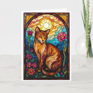 Stained Glass Style Orange Kitty with Pink Flowers Card