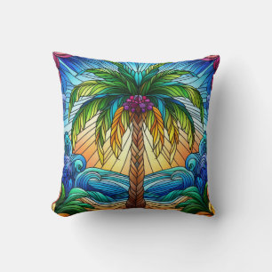 Stained Glass Style Palm Tree Art Throw Pillow