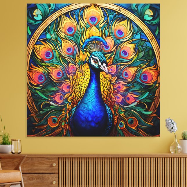 Stained Glass Style Peacock Canvas Print (Insitu(LivingRoom))