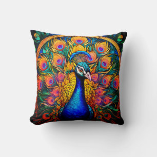 Stained Glass Style Peacock Throw Pillow