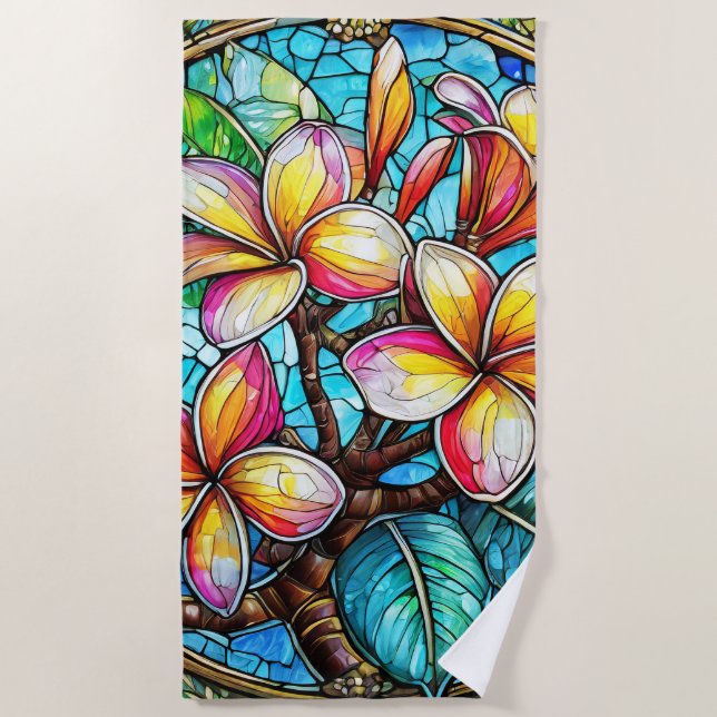 Stained glass style plumeria art beach towel (Front)