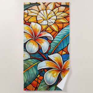 Stained glass style plumeria on orange beach towel