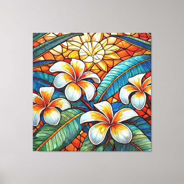 Stained glass style plumeria on orange canvas print (Front)