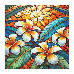 Stained glass style plumeria on orange canvas print