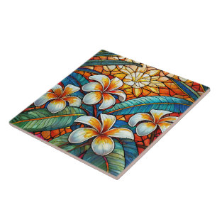 Stained glass style plumeria on orange tile