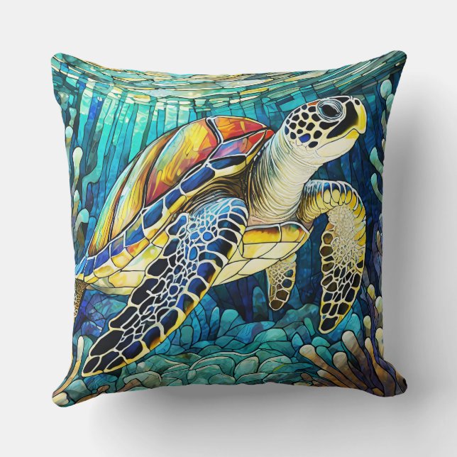 Stained glass style sea turtle honu throw pillow (Back)