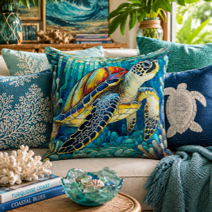 Stained glass style sea turtle honu throw pillow