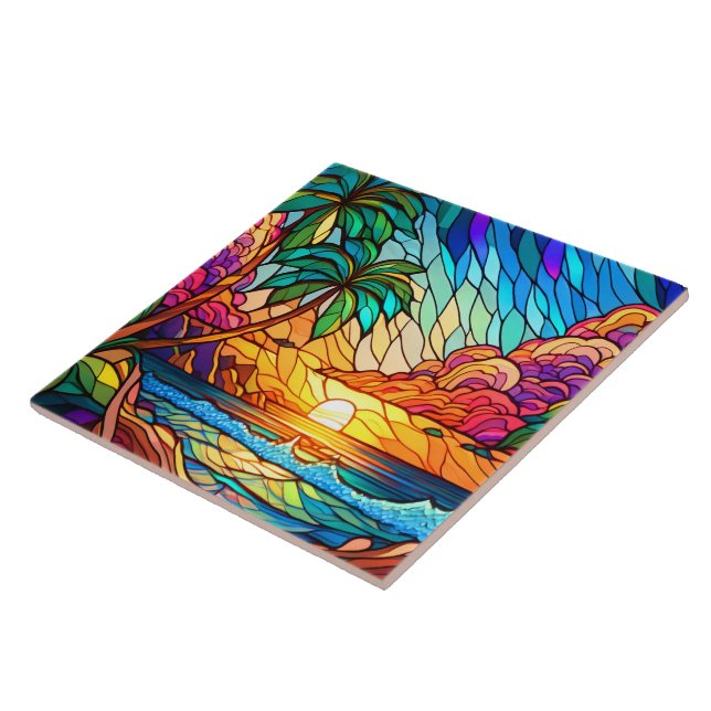 Stained glass style tropical sunset on beach art tile (Side)