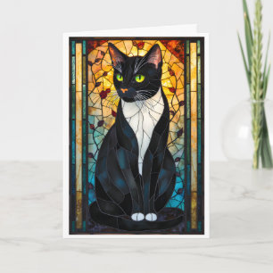 Stained Glass Style Tuxedo Black White Cat Card
