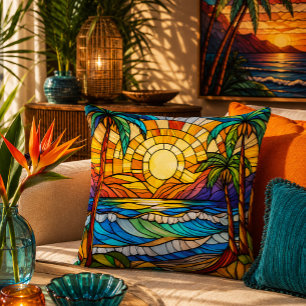 Stained glass style waves on beach throw pillow
