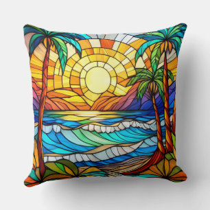 Stained glass style waves on beach throw pillow