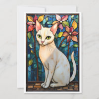 Stained Glass Style White Cat with Flowers Flat