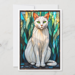 Stained Glass Style White Cat with Green Eyes Card