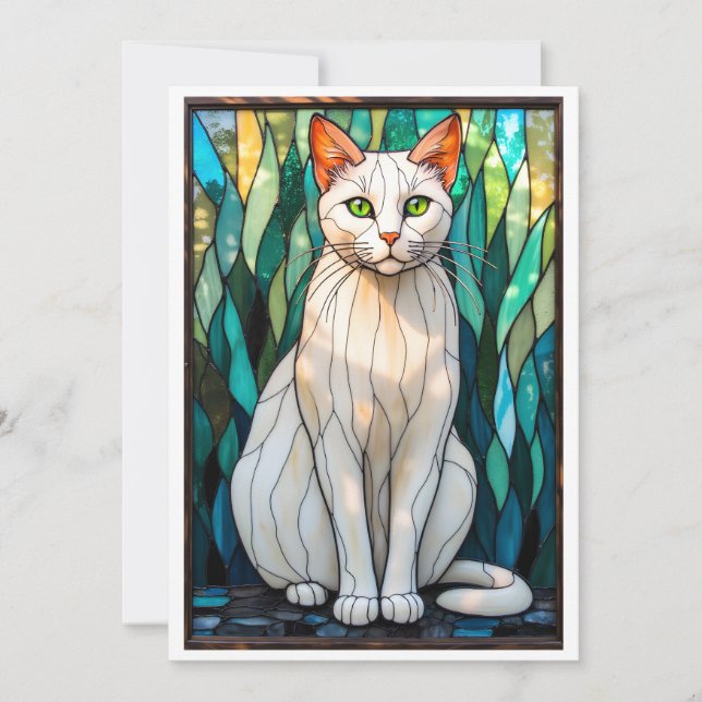 Stained Glass Style White Cat with Green Eyes Card (Front)