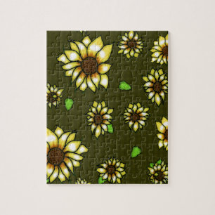 Stained Glass Sunflowers on Olive Gingham Jigsaw Puzzle