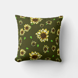 Stained Glass Sunflowers on Olive Gingham Throw Pillow