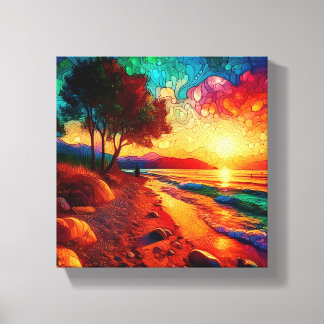 Stained glass sunset scene canvas print