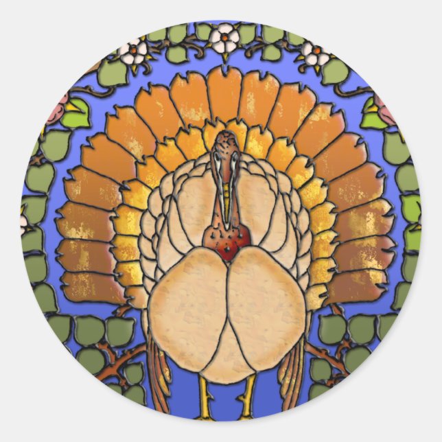 Stained Glass Thanksgiving Turkey Classic Round Sticker (Front)