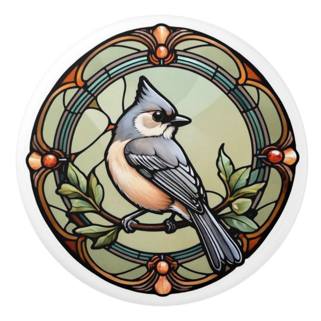 Stained Glass Tufted Titmouse Ceramic Knob (Front)