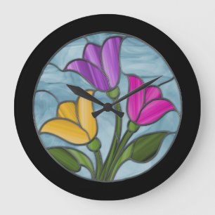 Stained Glass Tulips in Spring Colours Large Clock
