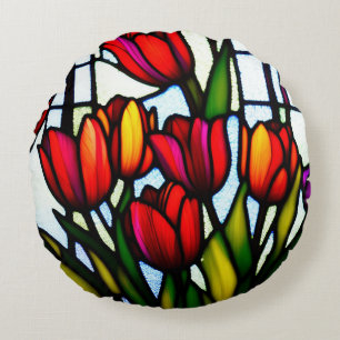 Stained Glass Tulips, Round Pillow