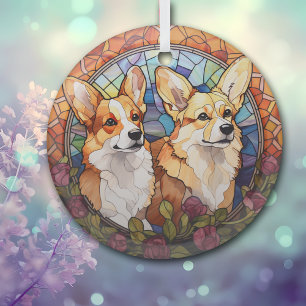 Stained Glass Twin Corgi Dogs Christmas Ornament