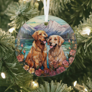 Stained Glass Two Golden Retriever Dogs Glass Ornament