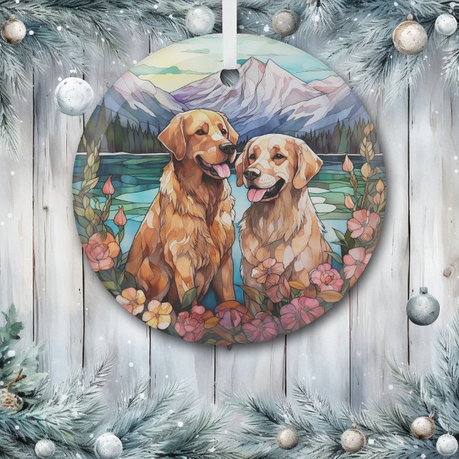 Stained Glass Two Golden Retriever Dogs Glass Ornament (Creator Uploaded)