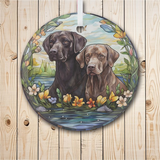Stained Glass Two Labrador Retriever Dogs Glass Ornament (Creator Uploaded)