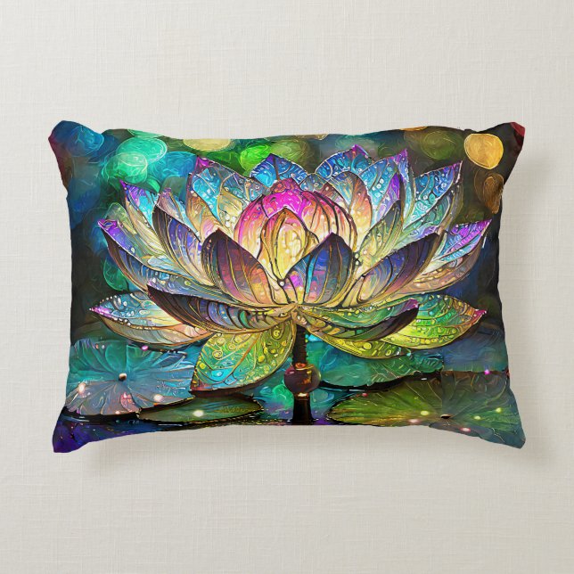 Stained Glass Vibrant Lotus Flower Accent Pillow (Front)