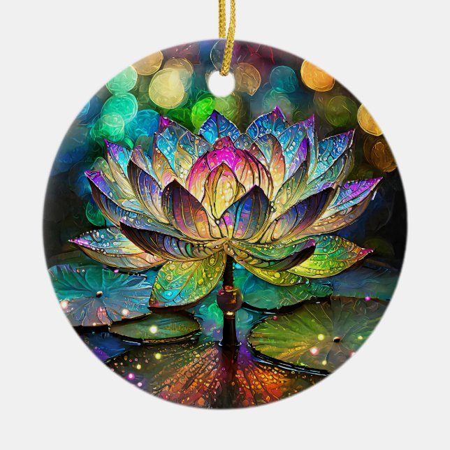 Stained Glass Vibrant Lotus Flower Ceramic Ornament (Front)
