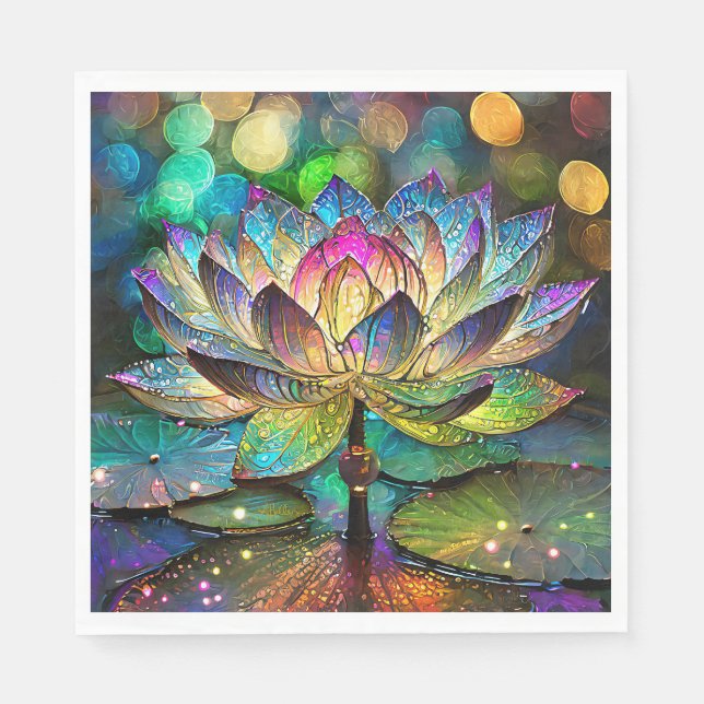 Stained Glass Vibrant Lotus Flower Napkin (Front)