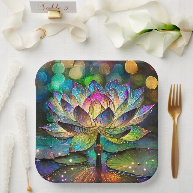 Stained Glass Vibrant Lotus Flower Paper Plate (Wedding)