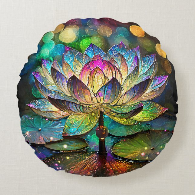 Stained Glass Vibrant Lotus Flower Round Pillow (Front)