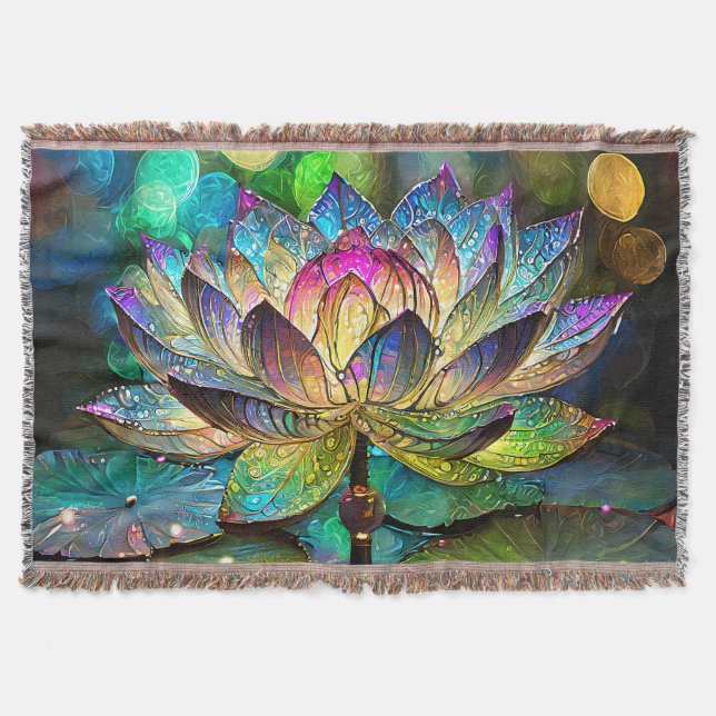 Stained Glass Vibrant Lotus Flower Throw Blanket (Front)