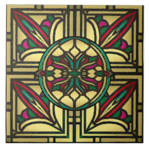 Stained Glass Vintage Pattern in Gold and Red Tile