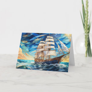 Stained Glass Vintage Sail Boat in the Ocean  Card