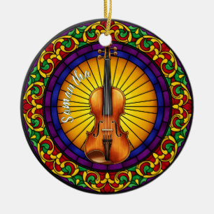 Stained Glass Violin Custom Name Christmas Ceramic Ornament