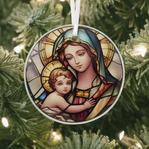 Stained Glass Virgin Mary and Jesus Glass Ornament