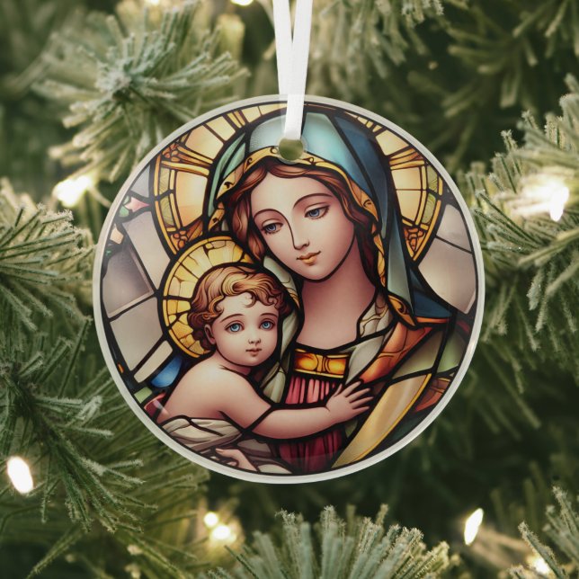 Stained Glass Virgin Mary and Jesus Glass Ornament (Insitu)