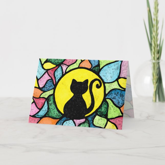 Stained Glass Watercolor Black Kitty Greeting Card (Front)